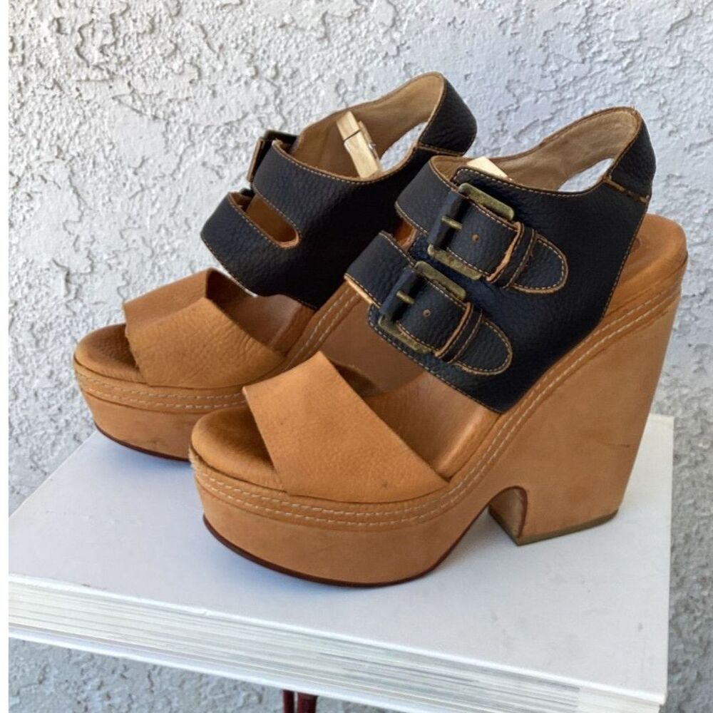 Anthropologie Geewawa Platform Wedges Heels Black Tan Leather Chunky Sz 10 Retro